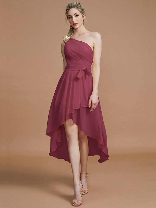 A-Line Charming One Shoulder Sleeveless Layers Asymmetrical Chiffon Bridesmaid Dresses