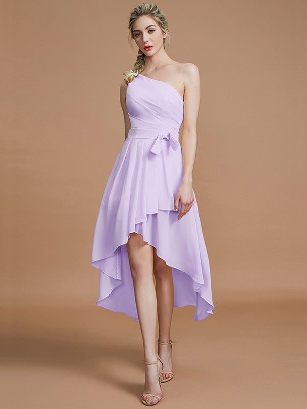 A-Line Charming One Shoulder Sleeveless Layers Asymmetrical Chiffon Bridesmaid Dresses