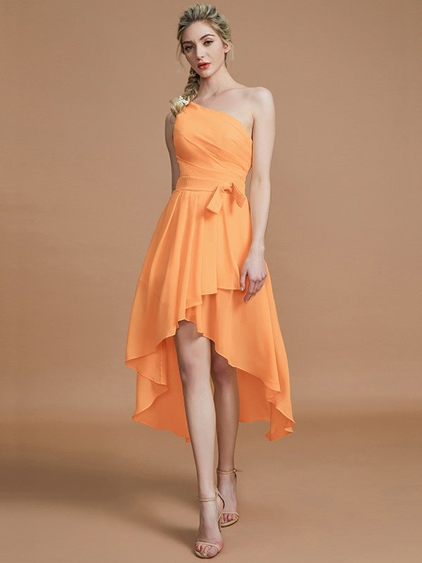 A-Line Charming One Shoulder Sleeveless Layers Asymmetrical Chiffon Bridesmaid Dresses