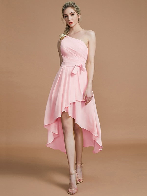 A-Line Charming One Shoulder Sleeveless Layers Asymmetrical Chiffon Bridesmaid Dresses