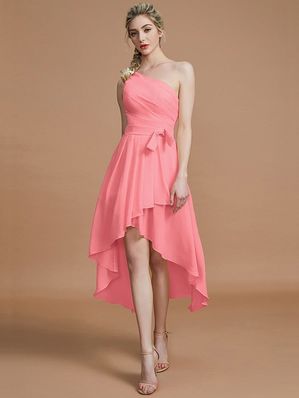 A-Line Charming One Shoulder Sleeveless Layers Asymmetrical Chiffon Bridesmaid Dresses