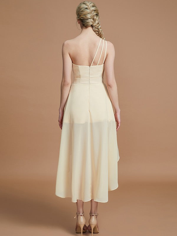 A-Line Charming One Shoulder Sleeveless Layers Asymmetrical Chiffon Bridesmaid Dresses