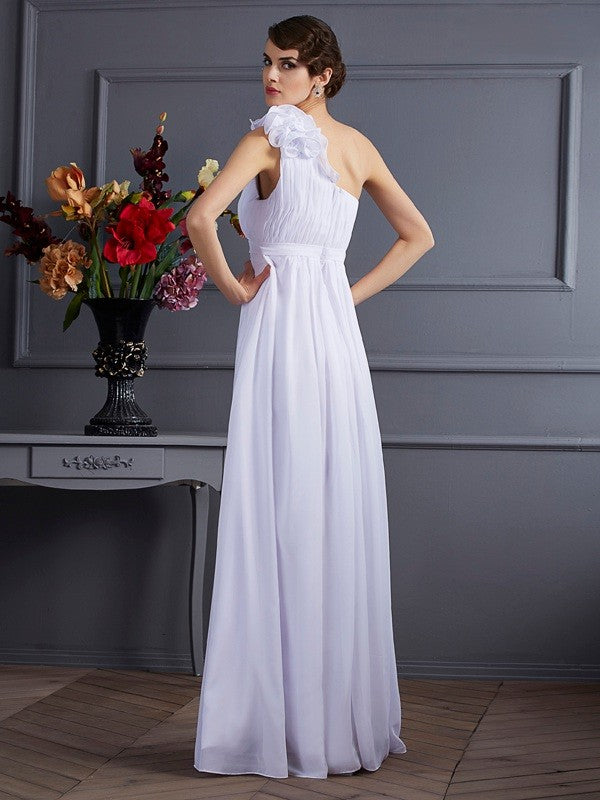 Classy Sleeveless One Shoulders Pleats Applique Long Chiffon Dresses-Ballbella