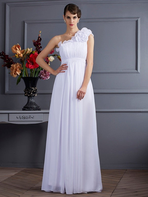 Classy Sleeveless One Shoulders Pleats Applique Long Chiffon Dresses-Ballbella