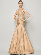 A-Line Charming One Shoulder Sleeveless Pleats Long Taffeta Bridesmaid Dresses