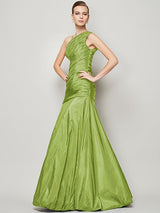 A-Line Charming One Shoulder Sleeveless Pleats Long Taffeta Bridesmaid Dresses