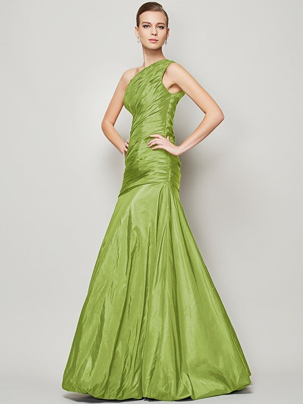 A-Line Charming One Shoulder Sleeveless Pleats Long Taffeta Bridesmaid Dresses