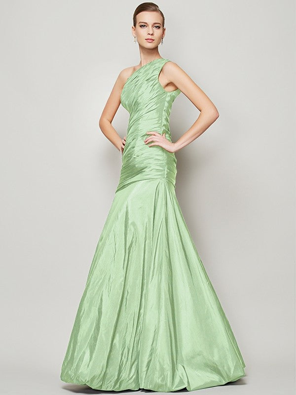 A-Line Charming One Shoulder Sleeveless Pleats Long Taffeta Bridesmaid Dresses