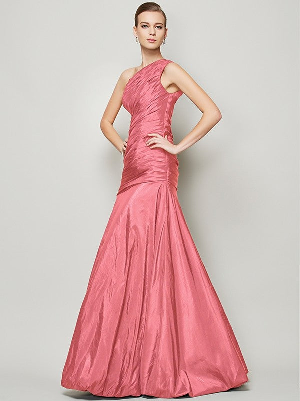 A-Line Charming One Shoulder Sleeveless Pleats Long Taffeta Bridesmaid Dresses