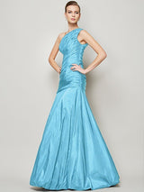 A-Line Charming One Shoulder Sleeveless Pleats Long Taffeta Bridesmaid Dresses