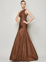 A-Line Charming One Shoulder Sleeveless Pleats Long Taffeta Bridesmaid Dresses