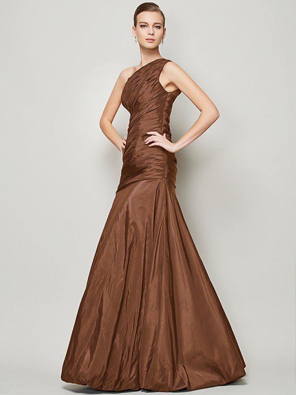 A-Line Charming One Shoulder Sleeveless Pleats Long Taffeta Bridesmaid Dresses