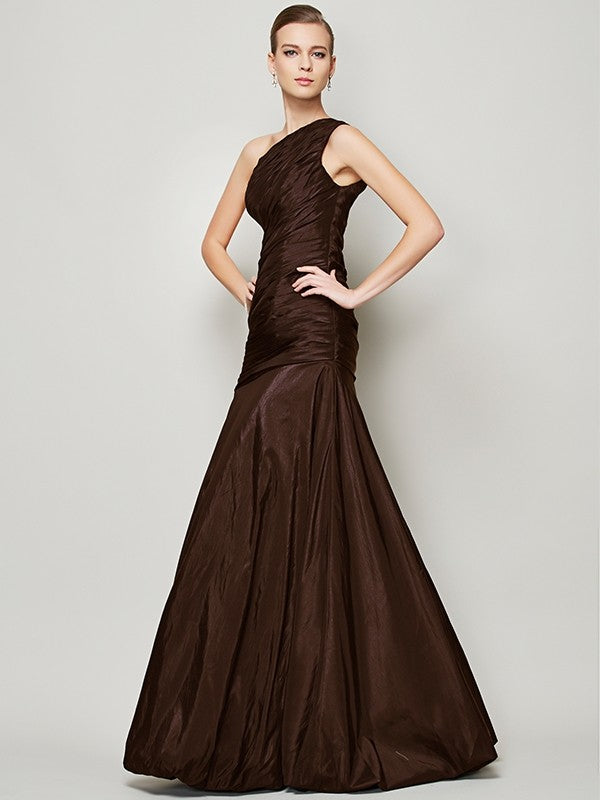 A-Line Charming One Shoulder Sleeveless Pleats Long Taffeta Bridesmaid Dresses