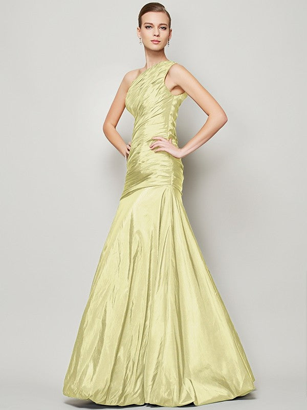 A-Line Charming One Shoulder Sleeveless Pleats Long Taffeta Bridesmaid Dresses