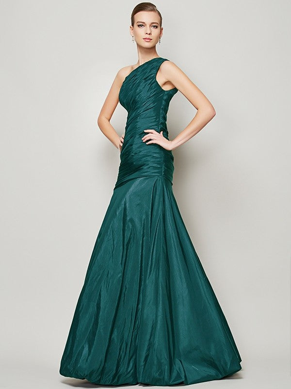 A-Line Charming One Shoulder Sleeveless Pleats Long Taffeta Bridesmaid Dresses