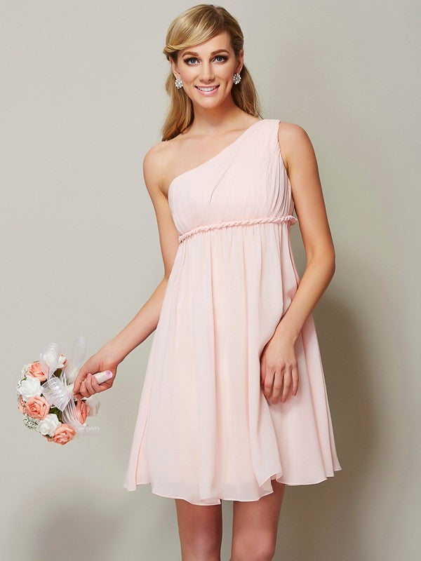 Classy Sleeveless One Shoulders Sash/Ribbon/Belt Short Chiffon Bridesmaid Dresses-Ballbella