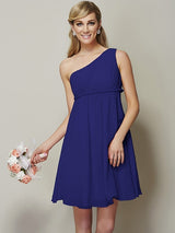 A-Line Charming One Shoulder Sleeveless Sash/Ribbon/Belt Short Chiffon Bridesmaid Dresses