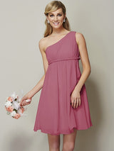 A-Line Charming One Shoulder Sleeveless Sash/Ribbon/Belt Short Chiffon Bridesmaid Dresses