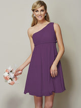 A-Line Charming One Shoulder Sleeveless Sash/Ribbon/Belt Short Chiffon Bridesmaid Dresses