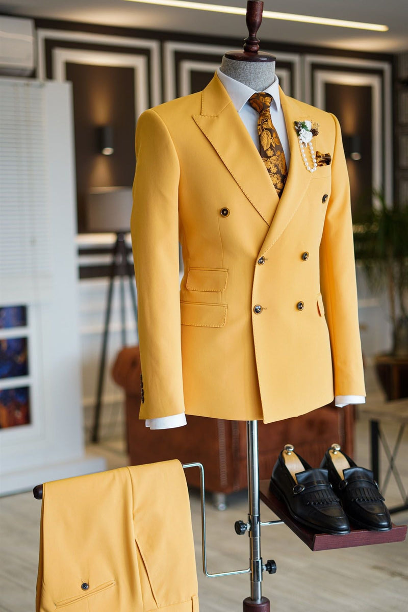 Classy Yellow Peaked Lapel Double Breasted Tailored Prom Suits-Ballbella