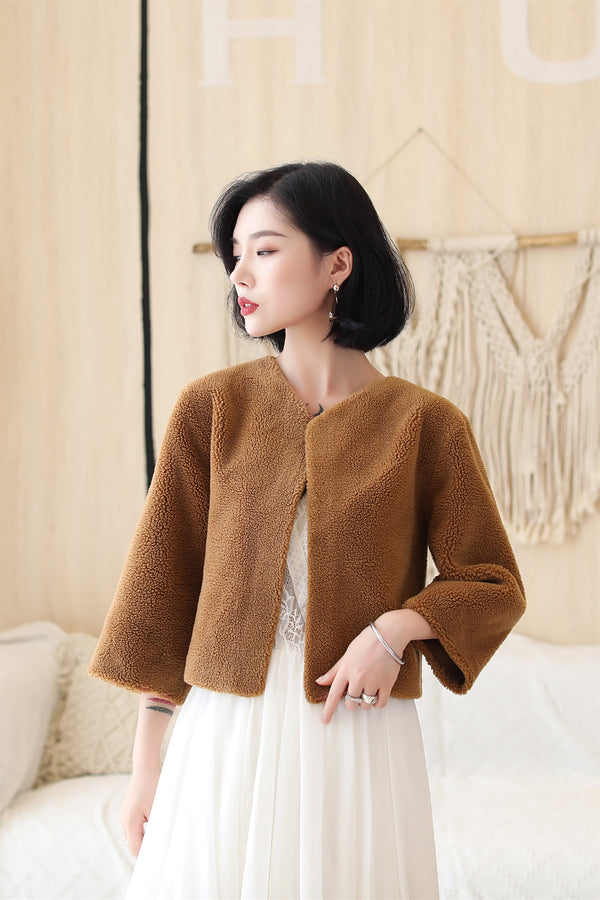 Coffee-colored Faux Mink Fur Collarless Short Jacket & Wedding Shawl-Ballbella