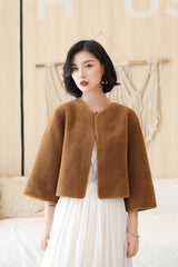 Coffee-colored Faux Mink Fur Collarless Short Jacket & Wedding Shawl-Ballbella