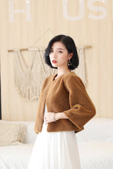 Coffee-colored Faux Mink Fur Collarless Short Jacket & Wedding Shawl-Ballbella