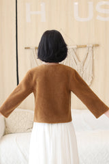 Coffee-colored Faux Mink Fur Collarless Short Jacket & Wedding Shawl-Ballbella