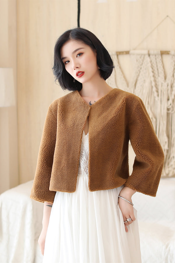 Coffee-colored Faux Mink Fur Collarless Short Jacket & Wedding Shawl-Ballbella