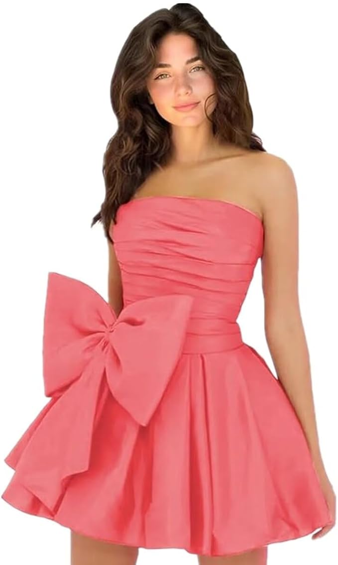 Sleeveless Ruched Short Homecoming Dresses Simple Mini Party Wear Dress with Bow