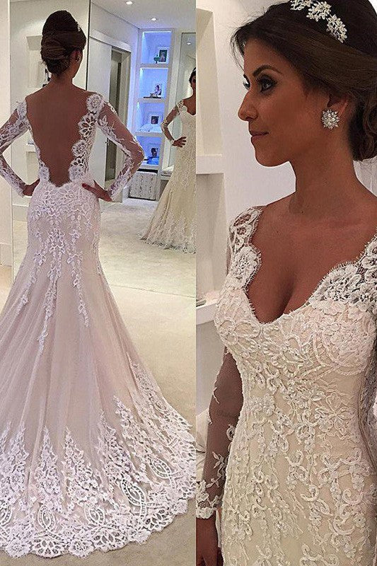 Court Train Mermaid V neck Lace Long Sleevess Wedding Dresses-Ballbella