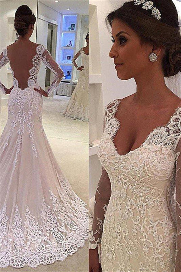 Court Train Mermaid V neck Lace Long Sleevess Wedding Dresses-Ballbella