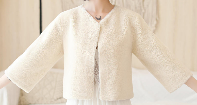 Cream White Faux Mink Fur Collarless Short Jacket & Wedding Shawl-Ballbella