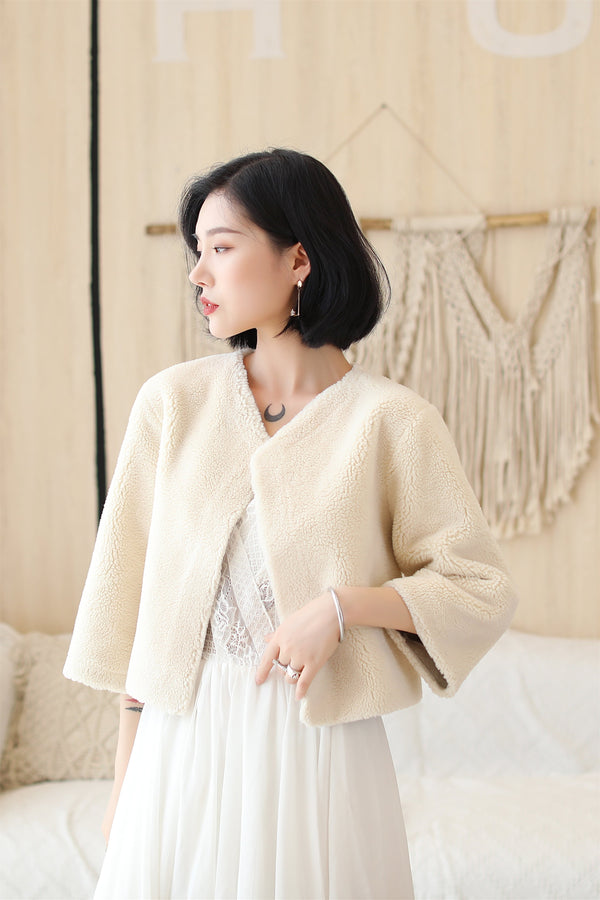 Cream White Faux Mink Fur Collarless Short Jacket & Wedding Shawl-Ballbella