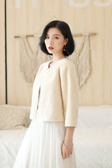 Cream White Faux Mink Fur Collarless Short Jacket & Wedding Shawl-Ballbella