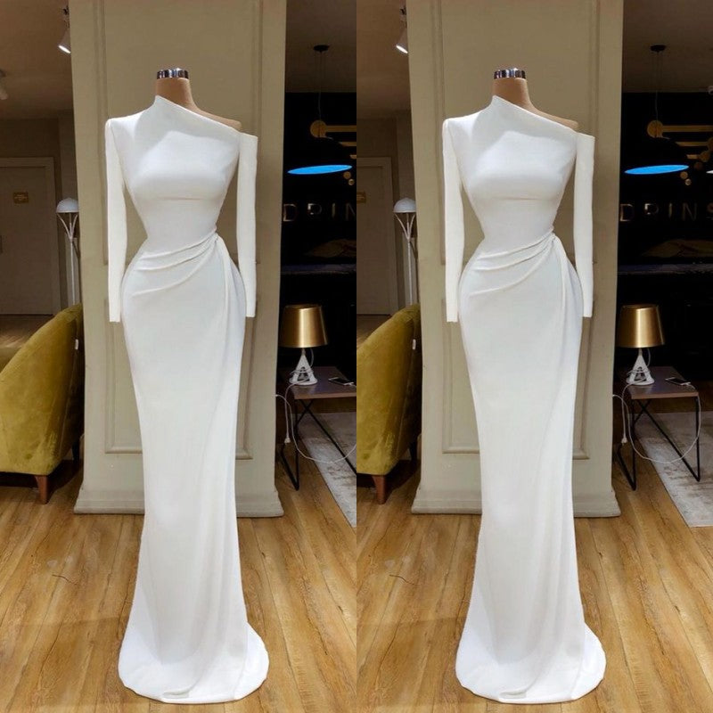 Creamy White Unique neck Long sleeves Mermaid Evening Dress-Ballbella