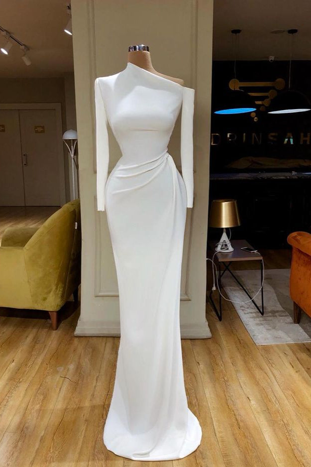 Creamy White Unique neck Long sleeves Mermaid Evening Dress-Ballbella