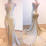 Crystal Halter Side Slit Prom Dresses A-Line Backless Sleeveless Evening Dresses-Ballbella