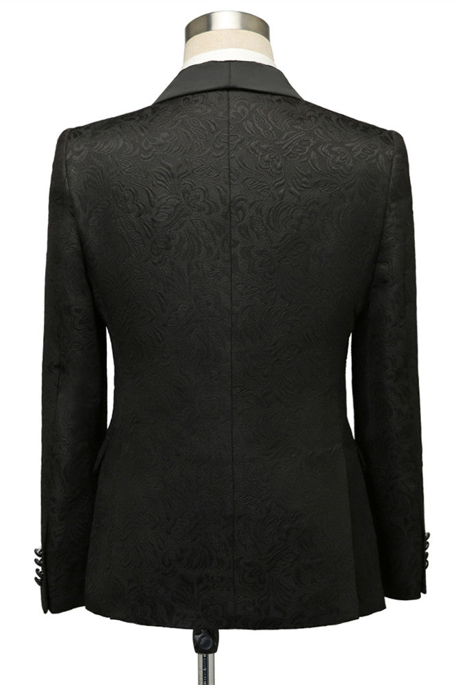 Custom design Black Jacquard Shawl Lapel Wedding Suits-Ballbella