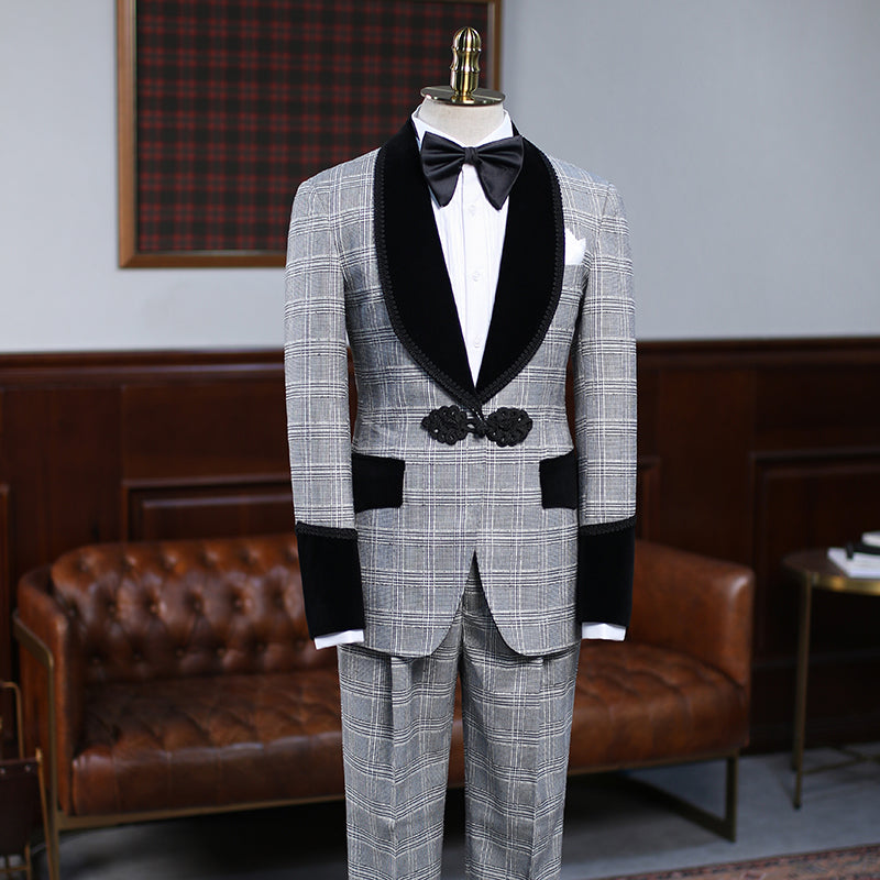 Custom design Gray Plaid Knitted Button Wedding Suit For Grooms-Ballbella