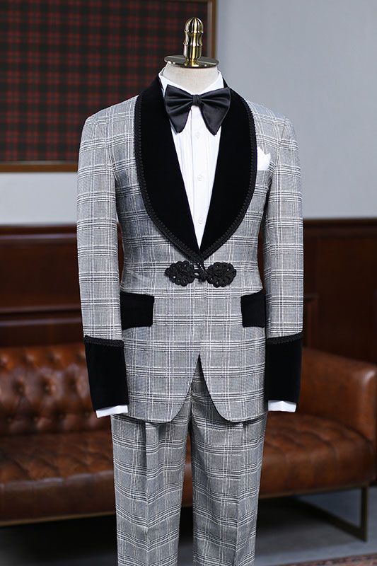 Custom design Gray Plaid Knitted Button Wedding Suit For Grooms-Ballbella