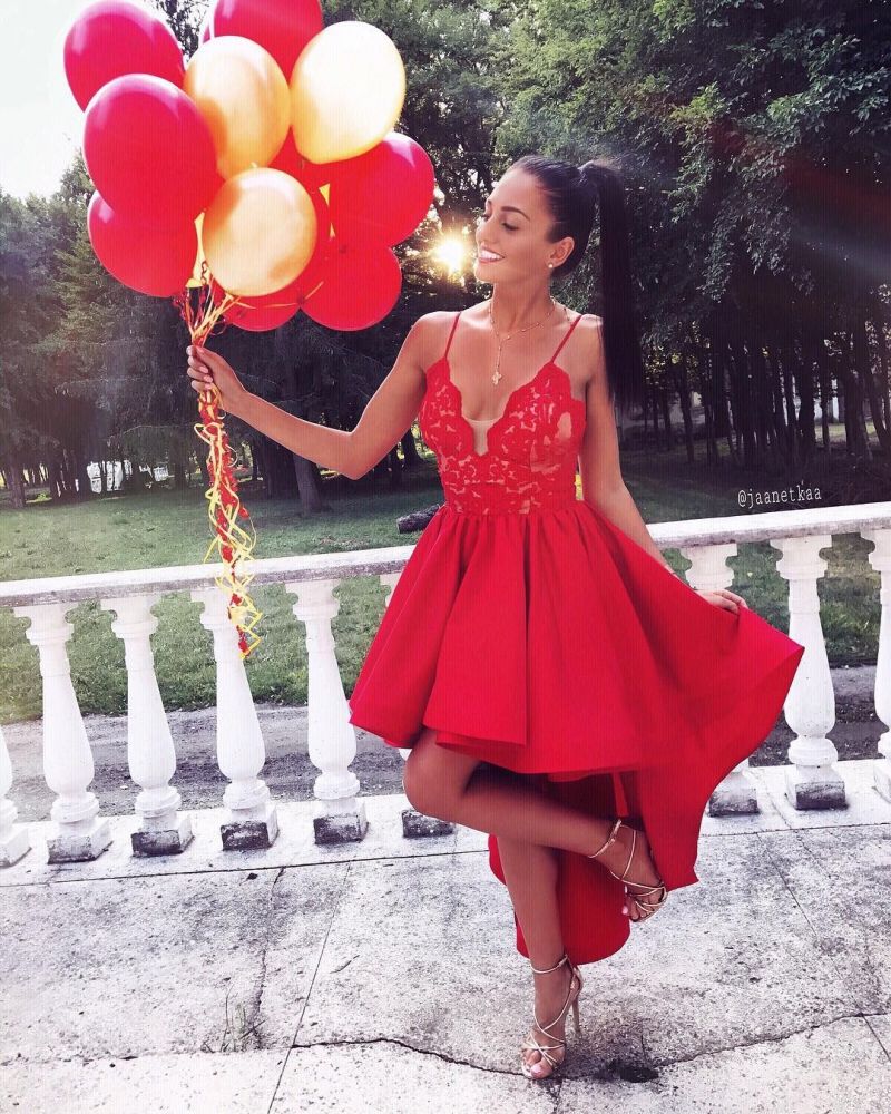 Cute Red High-low A-line Lace V-neck Homecoming Dress-Ballbella