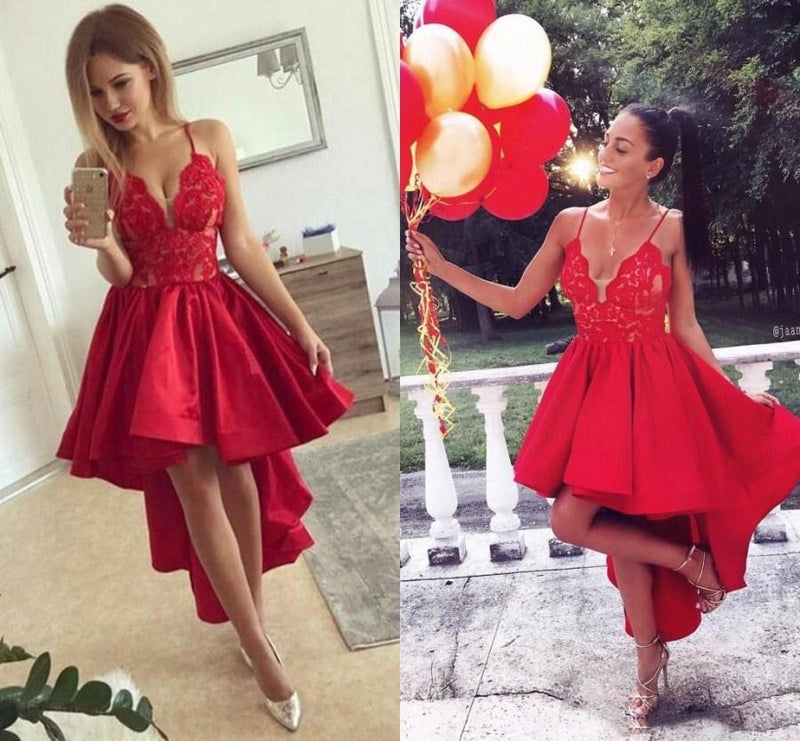 Cute Red High-low A-line Lace V-neck Homecoming Dress-Ballbella