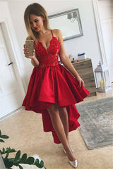 Cute Red High-low A-line Lace V-neck Homecoming Dress-Ballbella