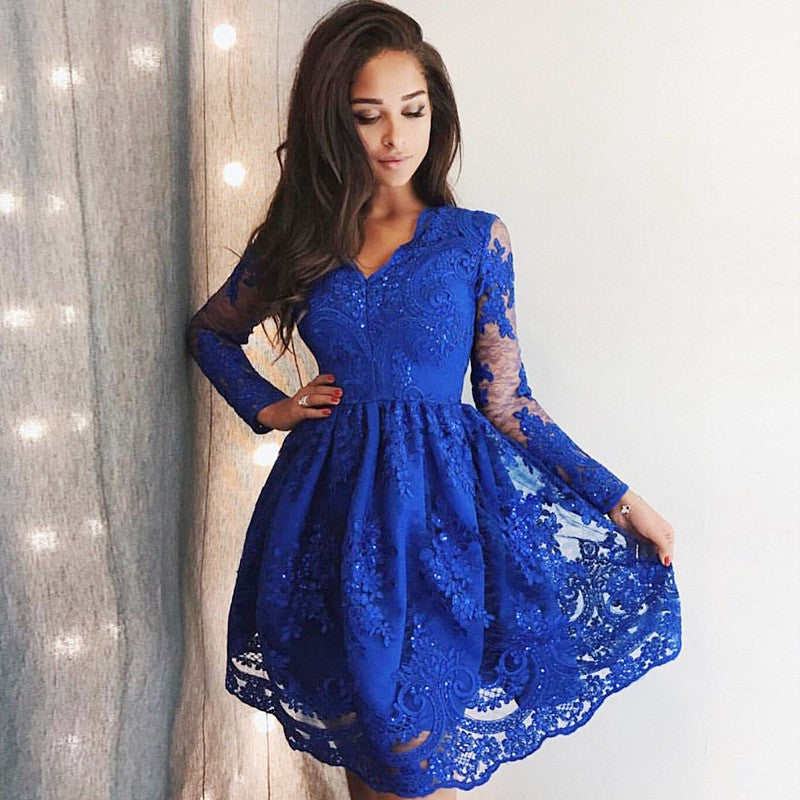 Cute Royal Blue Lace Long Sleeves Homecoming Dress Short Hoco Dresses-Ballbella