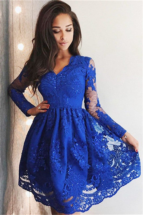 Cute Royal Blue Lace Long Sleeves Homecoming Dress Short Hoco Dresses-Ballbella