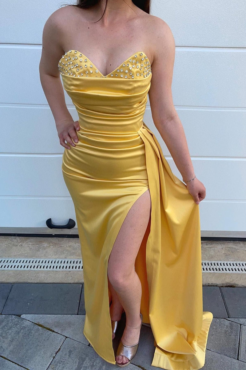 Daffodil Sweetheart Mermaid Prom Dress Slit Long With Beads-Ballbella