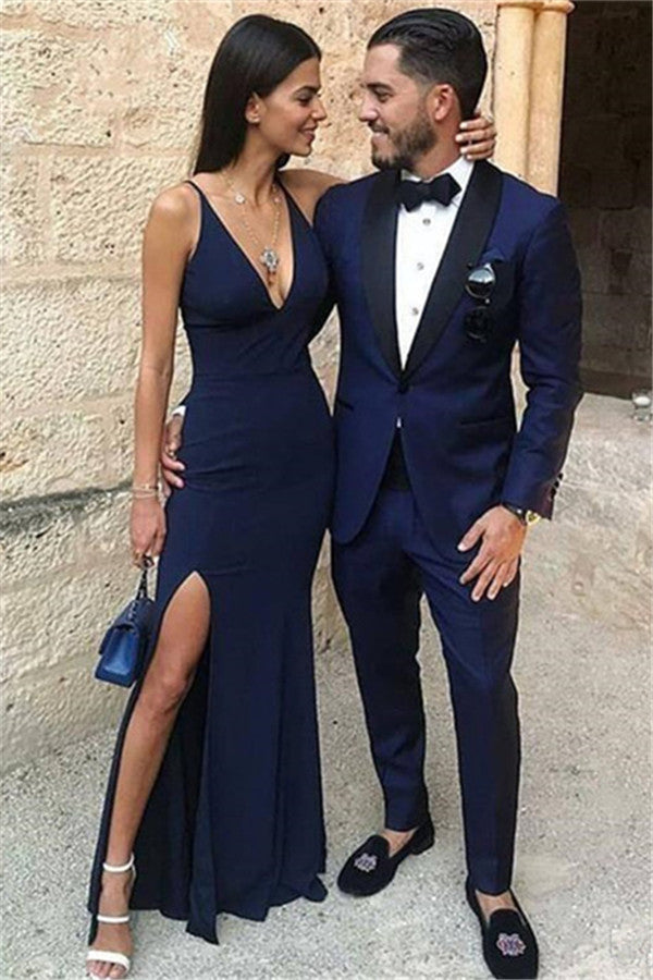 Dark Blue One Button Two-Piece Men's Prom Suits with Black Lapel-Ballbella