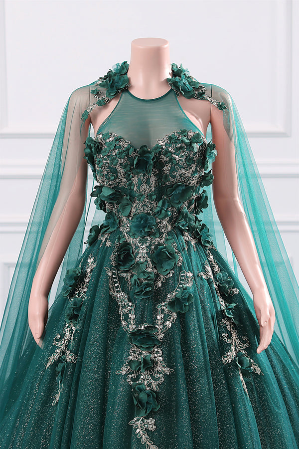 Dark Green Appliques Beaded Flowers Ball Gown Qunice Dresses-Ballbella