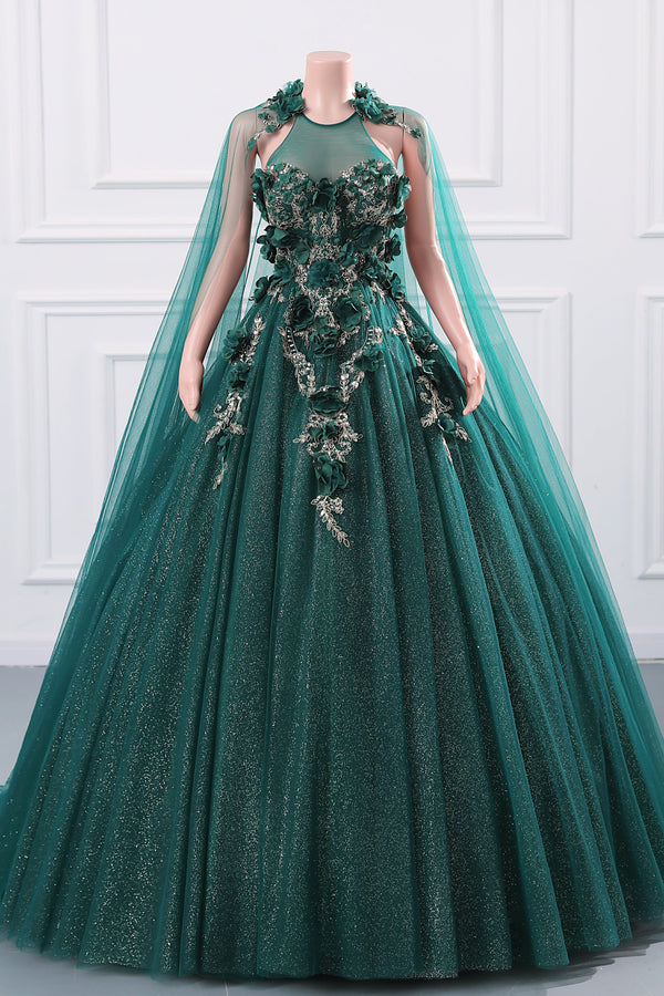 Dark Green Appliques Beaded Flowers Ball Gown Qunice Dresses-Ballbella